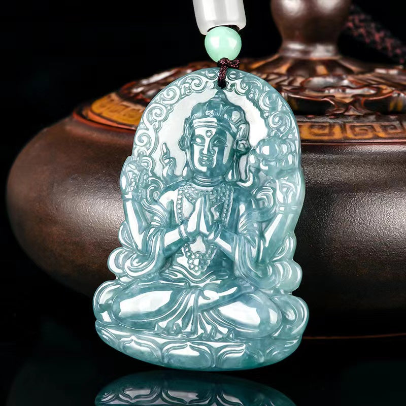 Guanyin Buddha Protection Pendant-Natural Blue Ice Jade