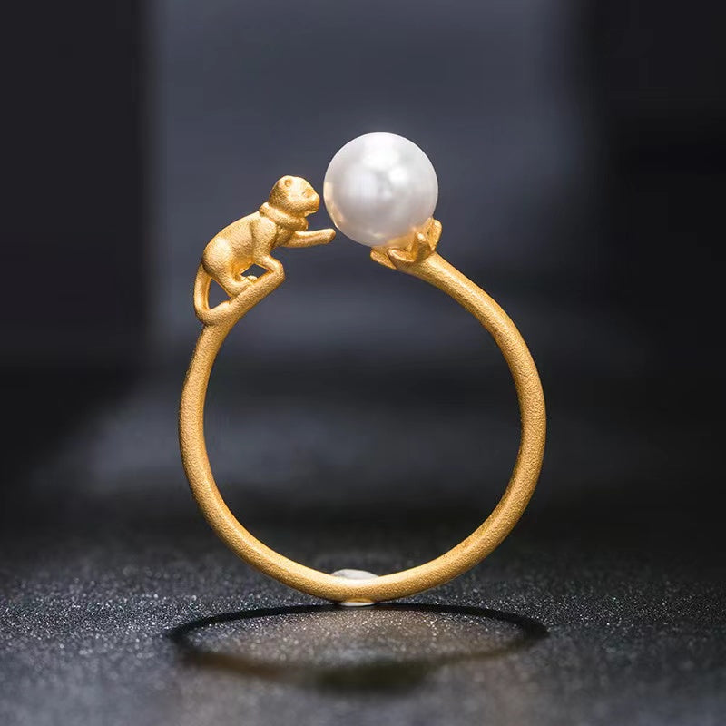 Original Design Gold Cat Pearl Silver Ring-Good Luck and Prosperity