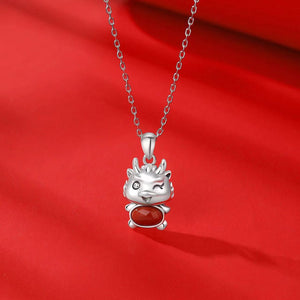 Cute Dragon Agate Silver Necklace-Fortune Prosperity