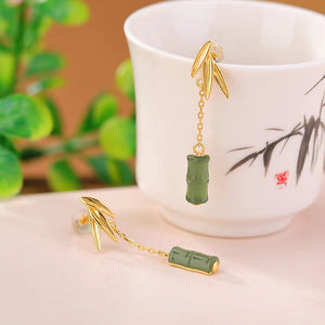 Green Nephrite Bamboo Drop Earrings-Prosperity Luck