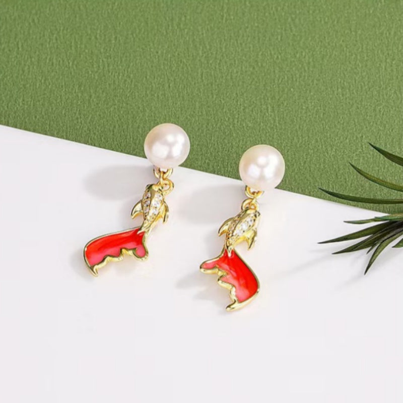 Pearl Koi Fish Drop Earrings – Elegant Gold-Plated Studs with Enamel & Crystals