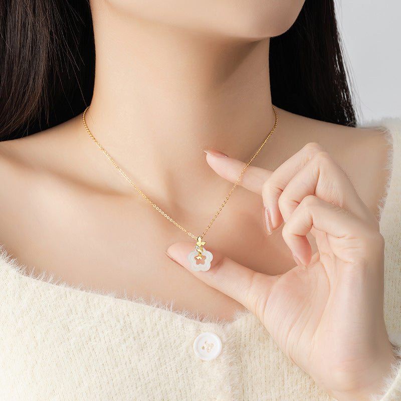 Butterfly Blossom White Nephrite Jade Pendant Necklace-Grace in Bloom