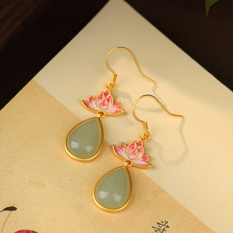 Lotus Nephrite Jade Drop Earrings-Unblemished Grace