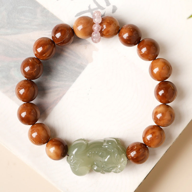 Hand-Carved Hetian Jade Pixiu Babassu Bead Bracelet-Quiet Prosperity