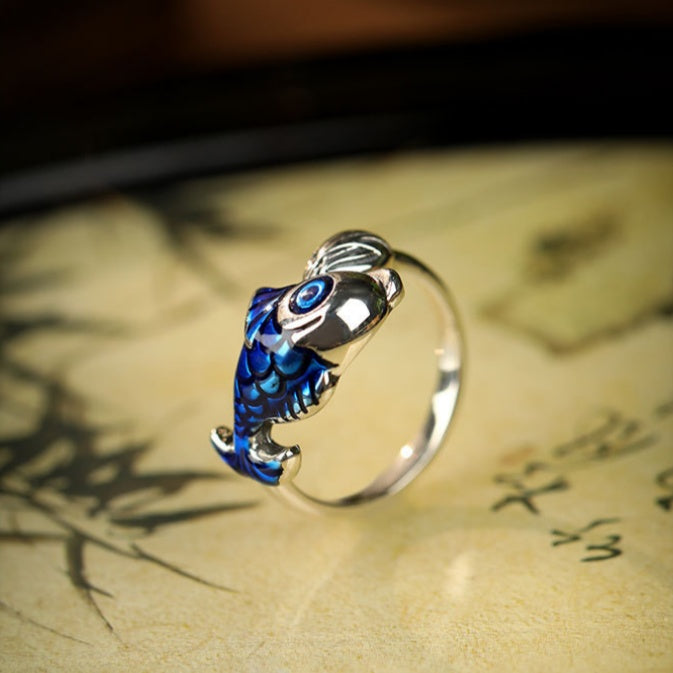 A Wish for Plenty-Koi & Lotus Enamel Silver Ring