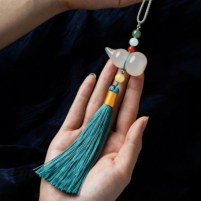 Safe Journey Blessing Gourd Spiritual Car Hanging Pendant-White Chalcedony & Hetian Jade