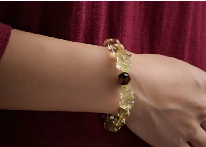 Natural Citrine Double Pixiu Tiger`s Eye Wealth Bracelet