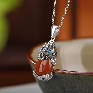 Wealth Pixiu Red Amber Silver Necklace-Attract Luck