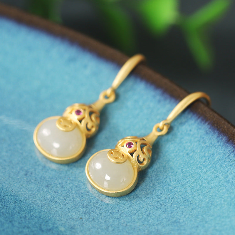 Gourd Nephrite Jade & Red Agate Drop Earrings-A Wish for Plenty