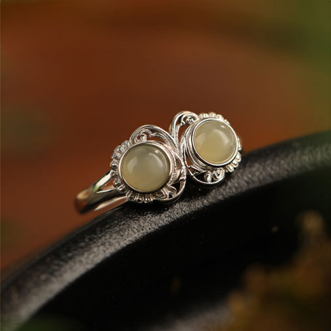 Twin Bud Nephrite Jade S925 Silver Adjustable Ring-Gentle Grace