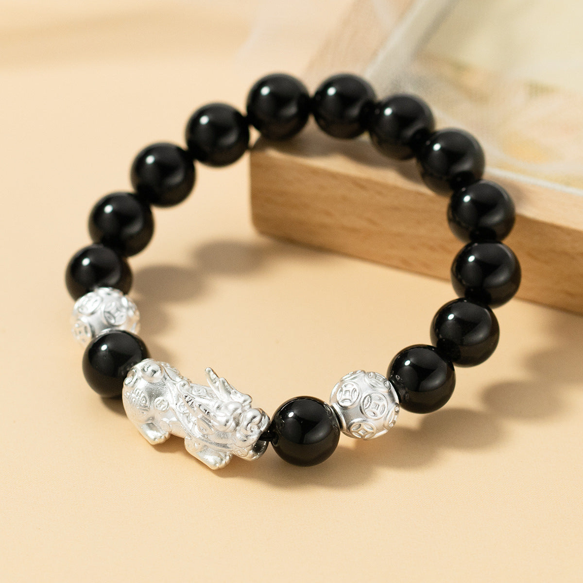 Prosperity & Protection-Pixiu Coin Obsidian Fine Silver Bracelet  Product