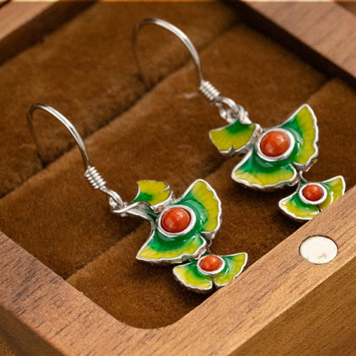 Ginkgo Leaf Red Agate S925 Silver Earrings-Autumn Poise