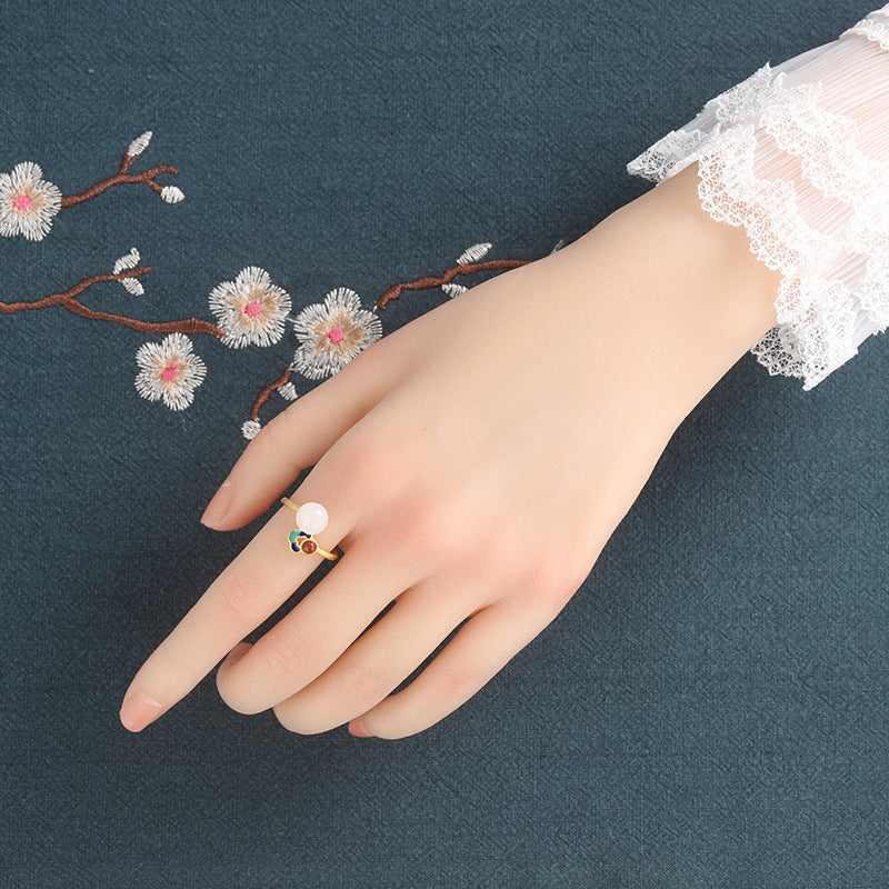 Enamel Nephrite Jade Red Agate Adjustable Ring-Color in Balance