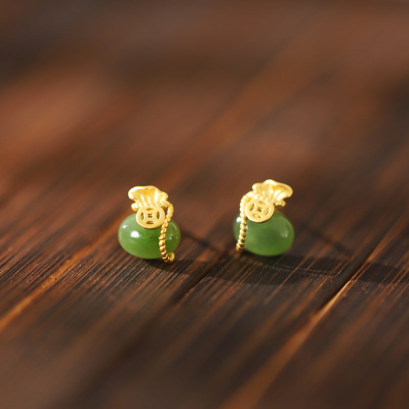 Fortune Pouch Gemstone Stud Earrings-Good Wishes Held Close