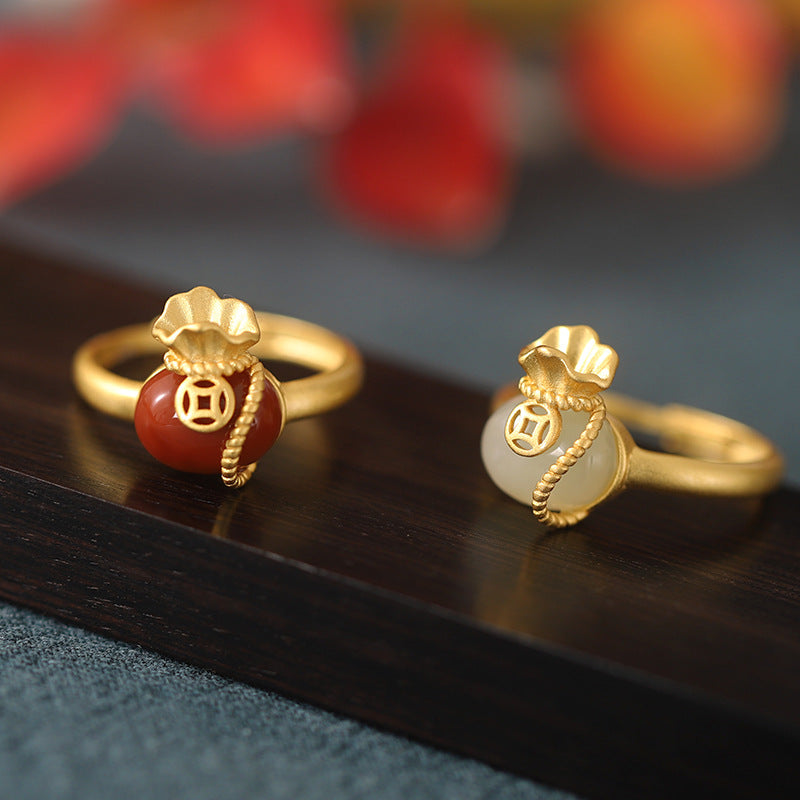 Lucky Pouch Red Agate Gold-Plated Ring-Steady Harmony