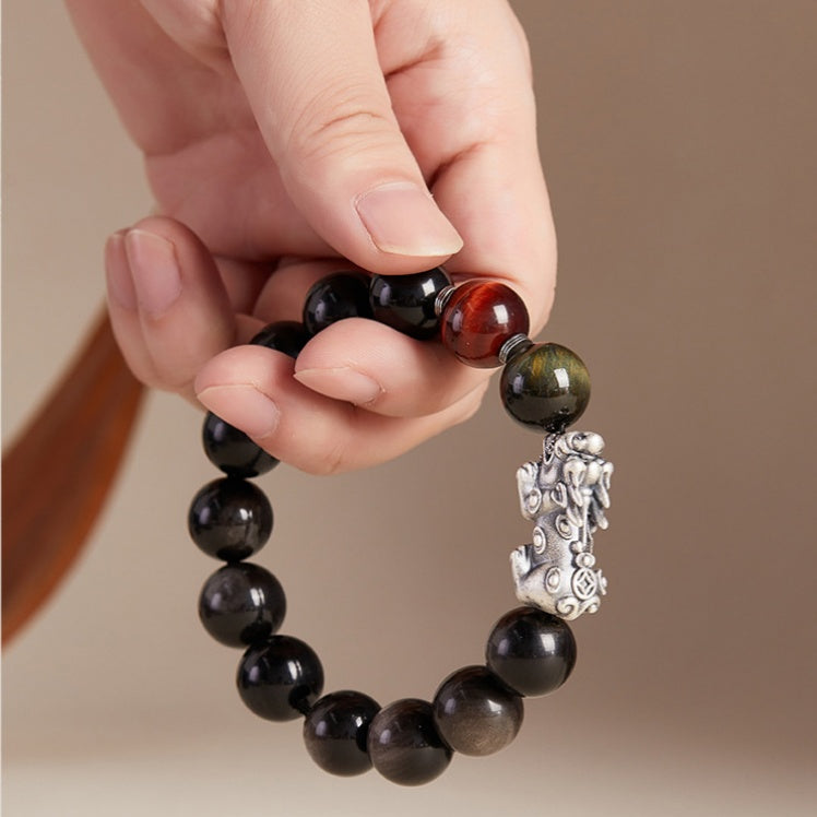 Pixiu Fine Silver and Silver Sheen Obsidian Beaded Bracelet-Grounding Strength