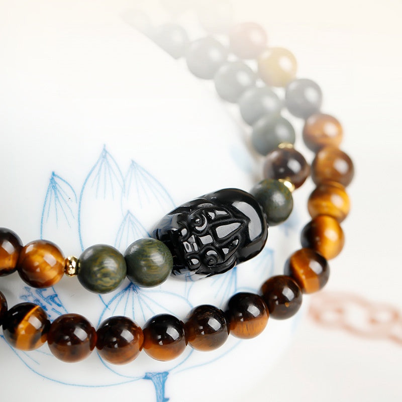 Tiger’s Eye Pixiu Double-Wrap Bracelet with Green Sandalwood