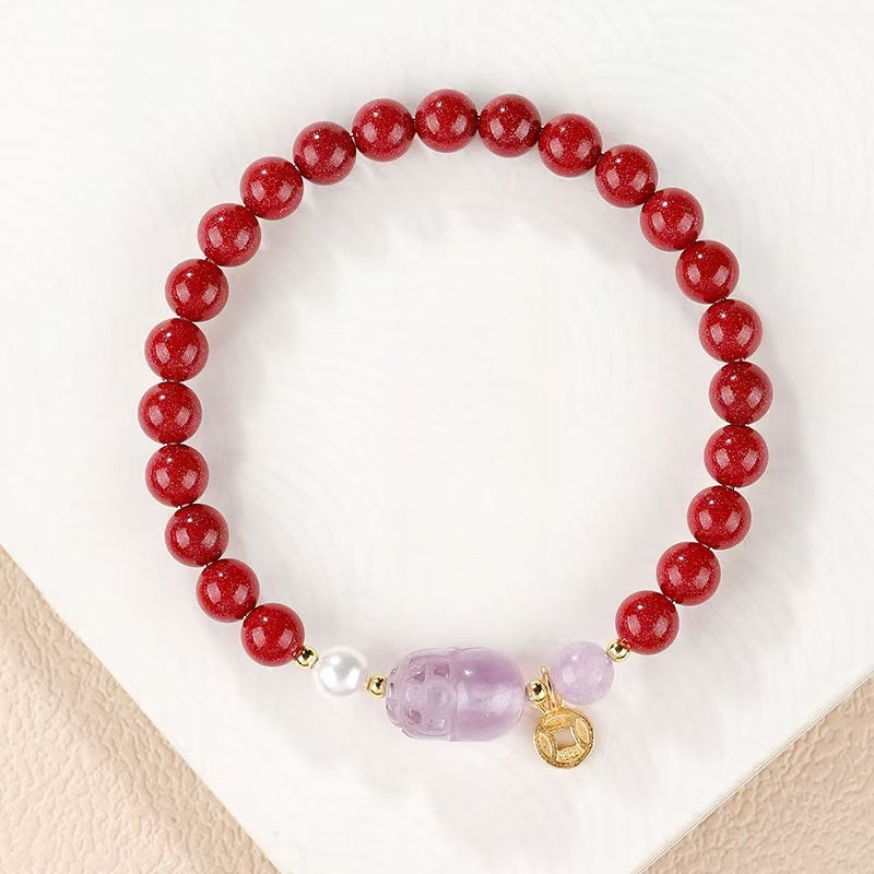 Imperial Amethyst Pixiu & High-Purity Cinnabar Wealth Bracelet