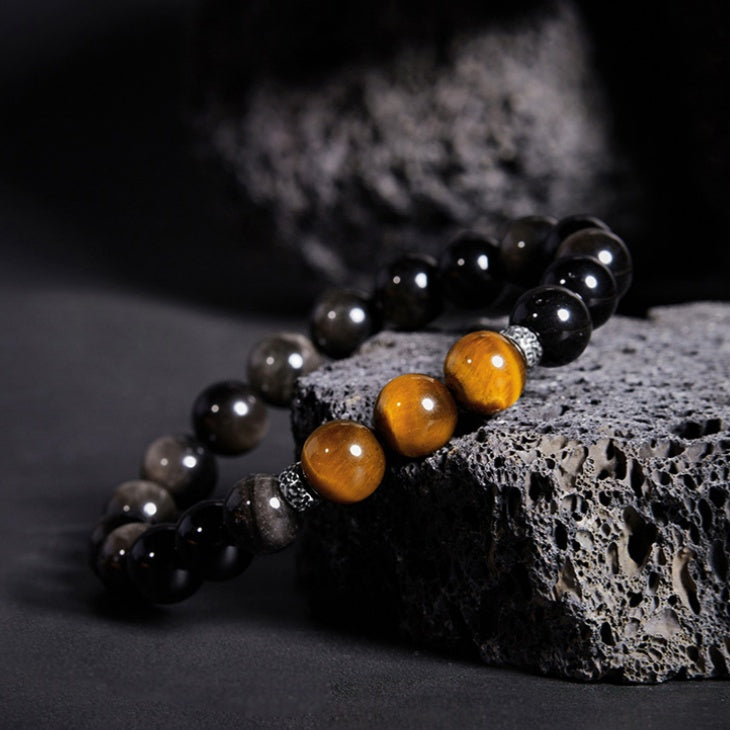 Silver Tiger Luster-Silver Obsidian & Tiger's Eye Beaded Bracelet