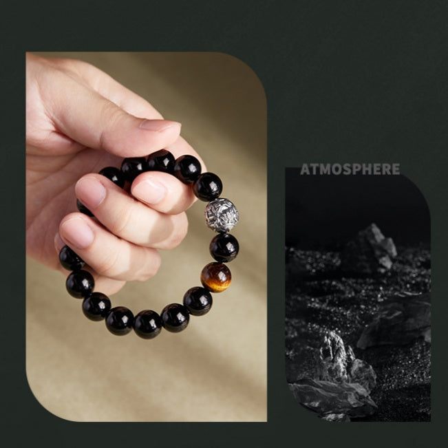 Chasing Light-Obsidian & Tiger's Eye Silver Bead Bracelet
