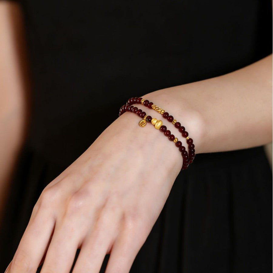 Fortune Blessing Garnet Double Wrap Bracelet-18K Gold-Plated "Hulu" Gourd Charm