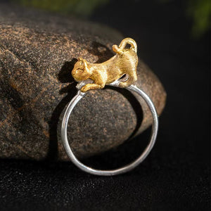 Original Design Gold Cat Silver Ring-Good Luck and Prosperity