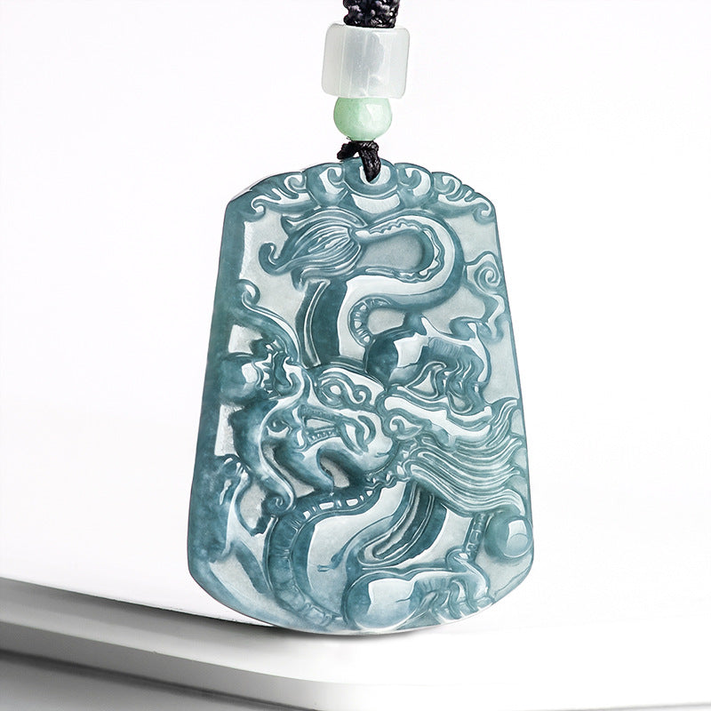 Natural Blue-Green Jade Dragon Pendant–“Prosperity & Peace” Hand-Carved Business Amulet