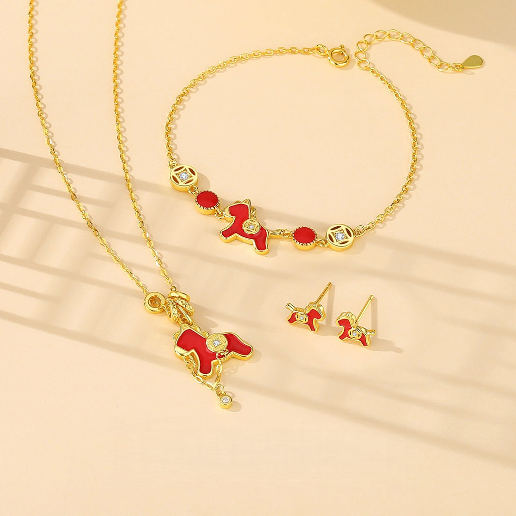 2026 Year of the Horse – Red Enamel “Wish You Wealth” Jewelry Set