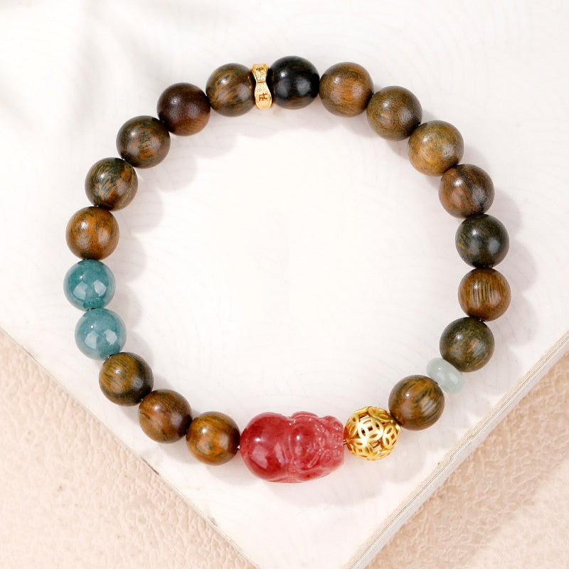Strawberry Quartz Pixiu Green Sandalwood Bracelet-Verdant Echoes & Crimson Luck