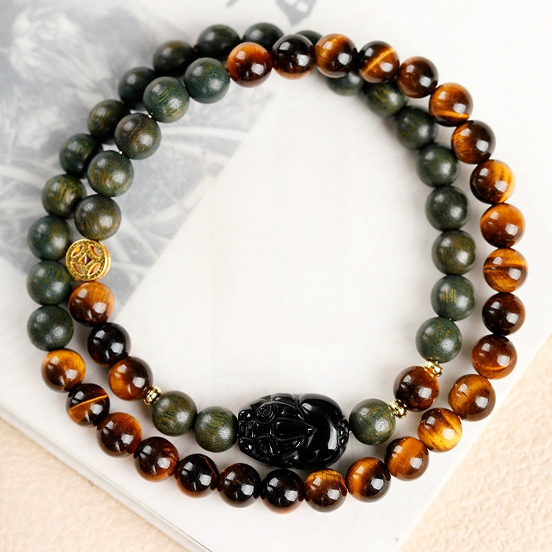 Tiger’s Eye Pixiu Double-Wrap Bracelet with Green Sandalwood