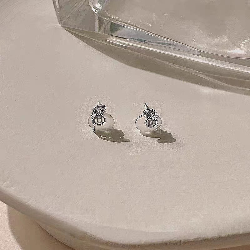 925 Silver Cat Eye Coin Stud Earrings-Wealth Symbol