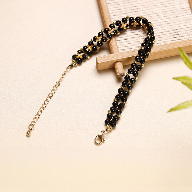 Quiet Fortune-Four-Leaf Clover Black Obsidian Bracelet