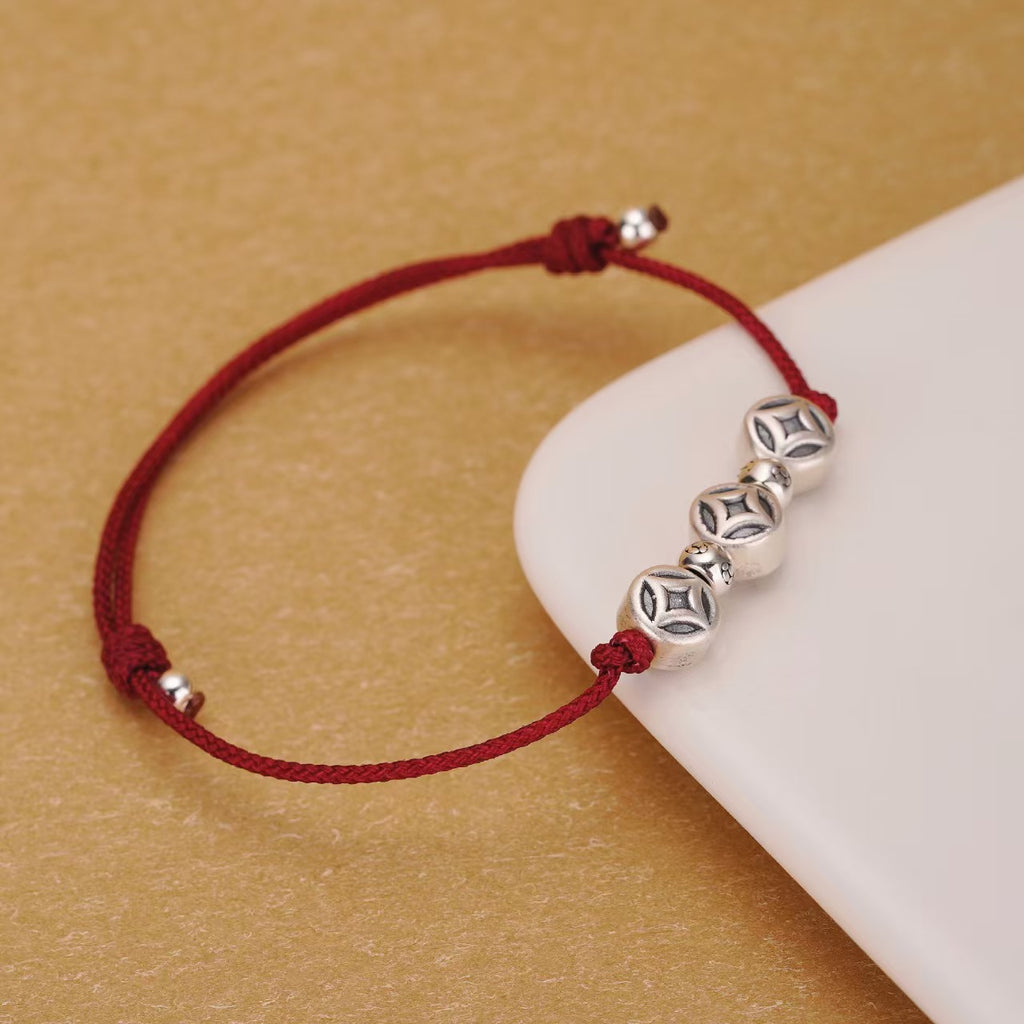 Enduring Fortune Antique Silver 3D Coin Red String Bracelet