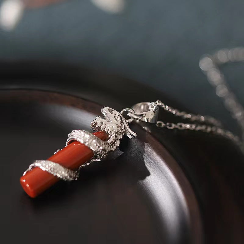Ancient Dragon Pillar Agate Silver Necklace-Fortune Prosperity