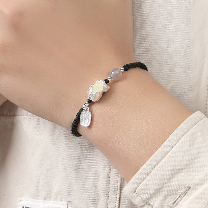 Pixiu Nephrite Jade Beaded Couple Cord Bracelet-Auspicious Protection