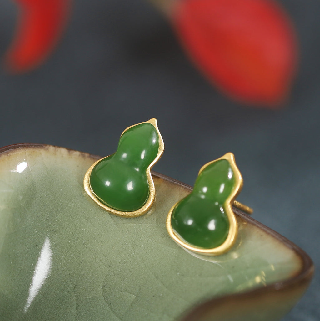 Gourd Nephrite Jade & Red Agate Stud Earrings-Blessings Close By