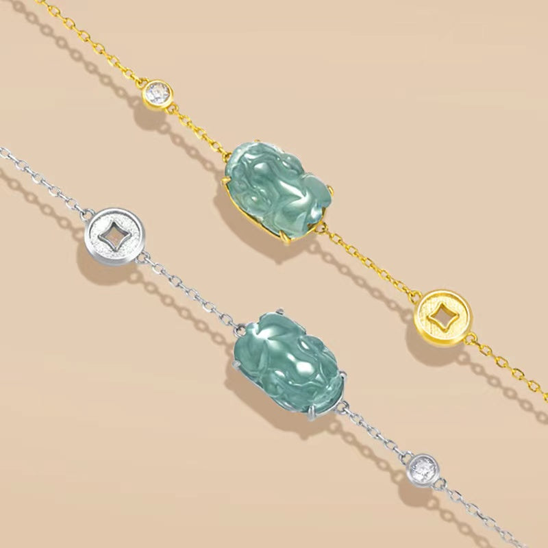 Pixiu Wealth Coin Bracelet-Natural Ice Jade
