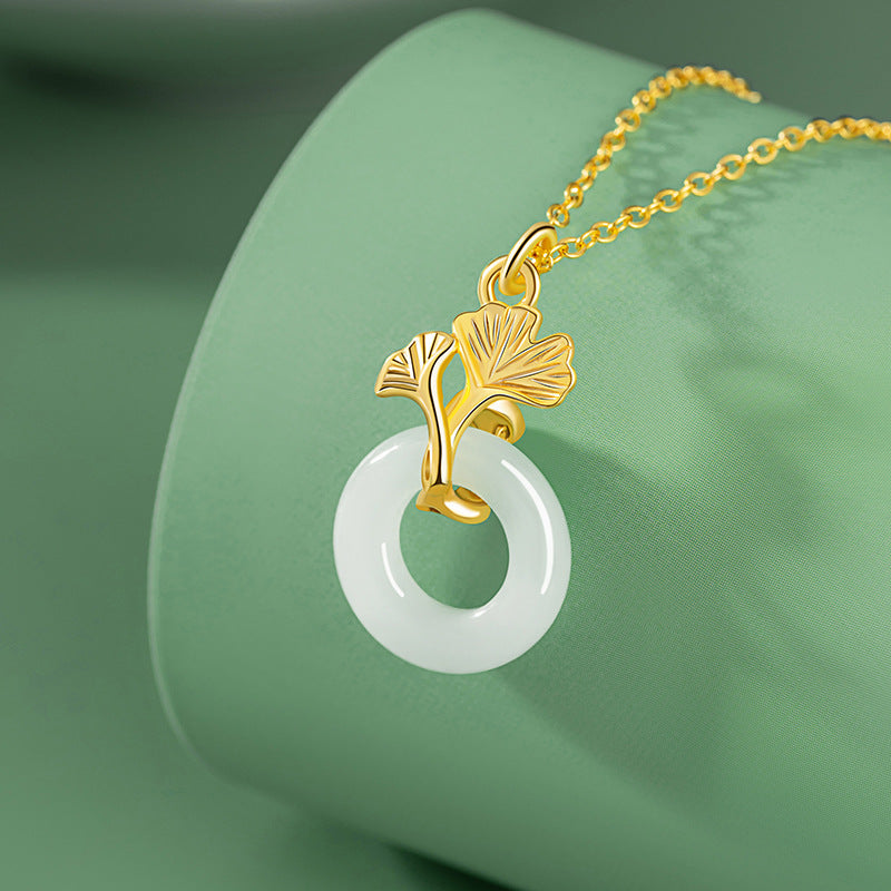 Ginkgo Nephrite Jade Peace Disc Necklace-Peace and Happiness