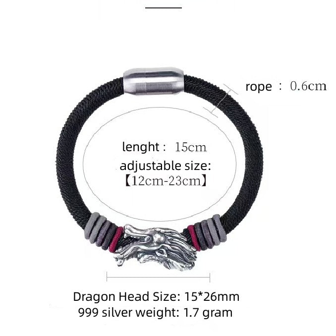 Men’s Sterling Silver Dragon Head Handmade Rope Bracelet -Protection&Luck