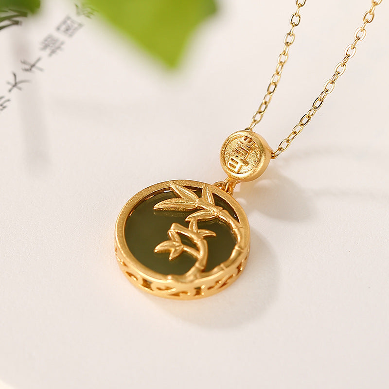Natural Hetian Jade 925 Silver Bamboo Pendant Necklace
