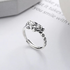 Wealth Coin Pixiu Handmade Carved Silver Ring-Attract Luck