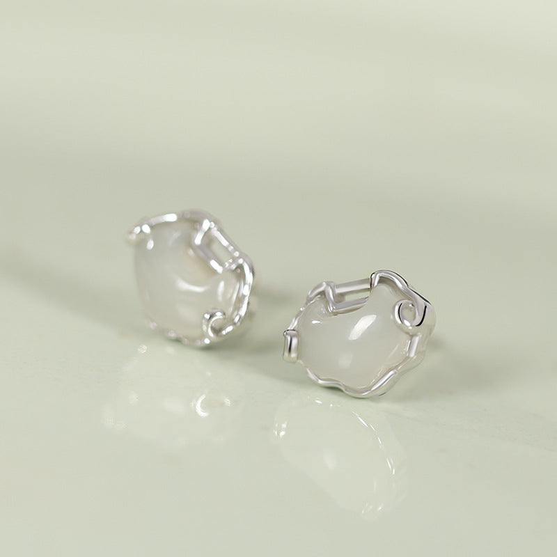 Peace Lock Nephrite Jade S925 Silver Stud Earrings-Held with Love