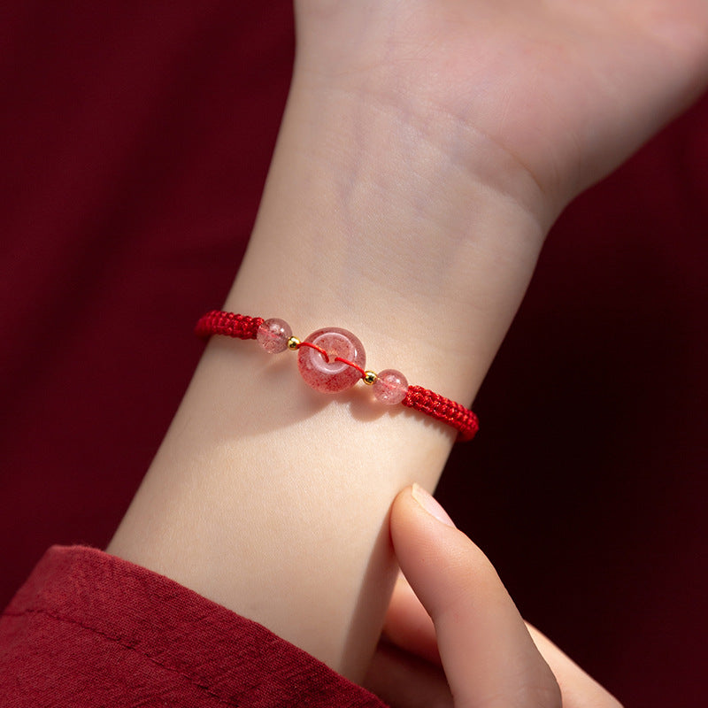 Peaceful Grace-Strawberry Quartz Ping An Kou Red String Bracelet