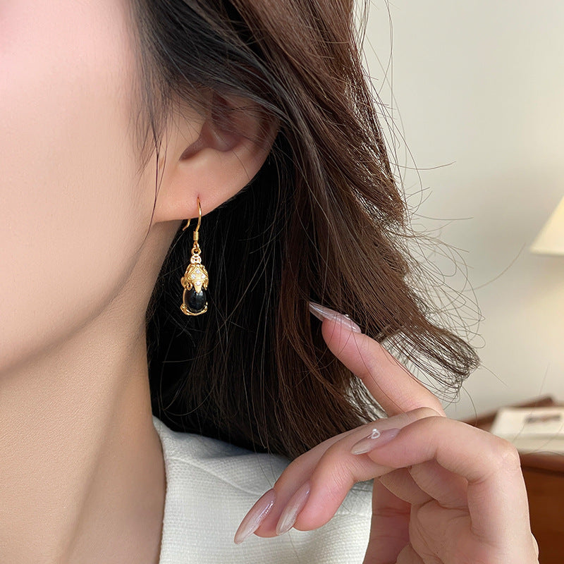 Wealth and Protection-Pixiu Black Agate Drop Earrings