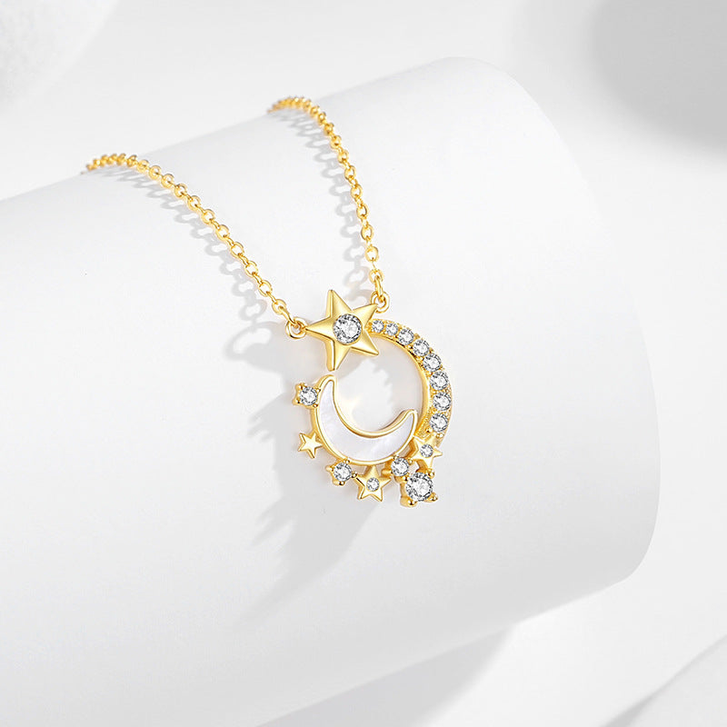 Crescent Moon Star Mother-of-Pearl Pendant Necklace-Dreamlit Reverie