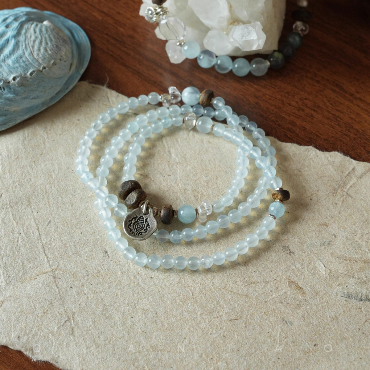 Aquamarine & Agarwood Wrap Bracelet Necklace-Morning Light
