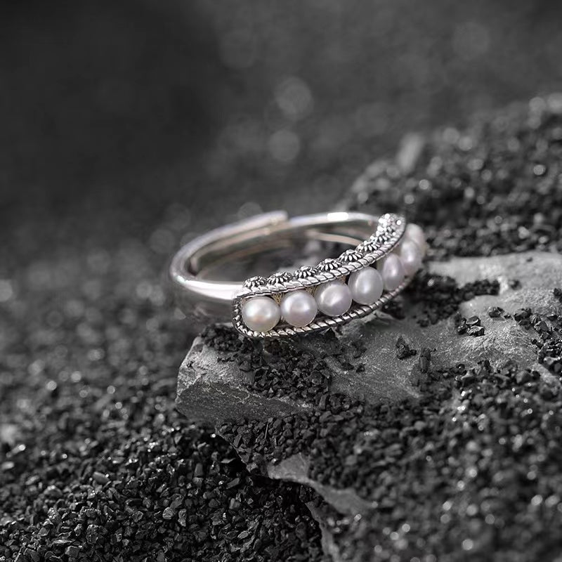 Seven-in-a-row Pearl Vintage Silver Ring-Peace and Harmony