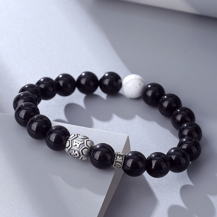 Six-Syllable Mantra 999 Fine Silver Obsidian Bracelet-Peaceful Blessing
