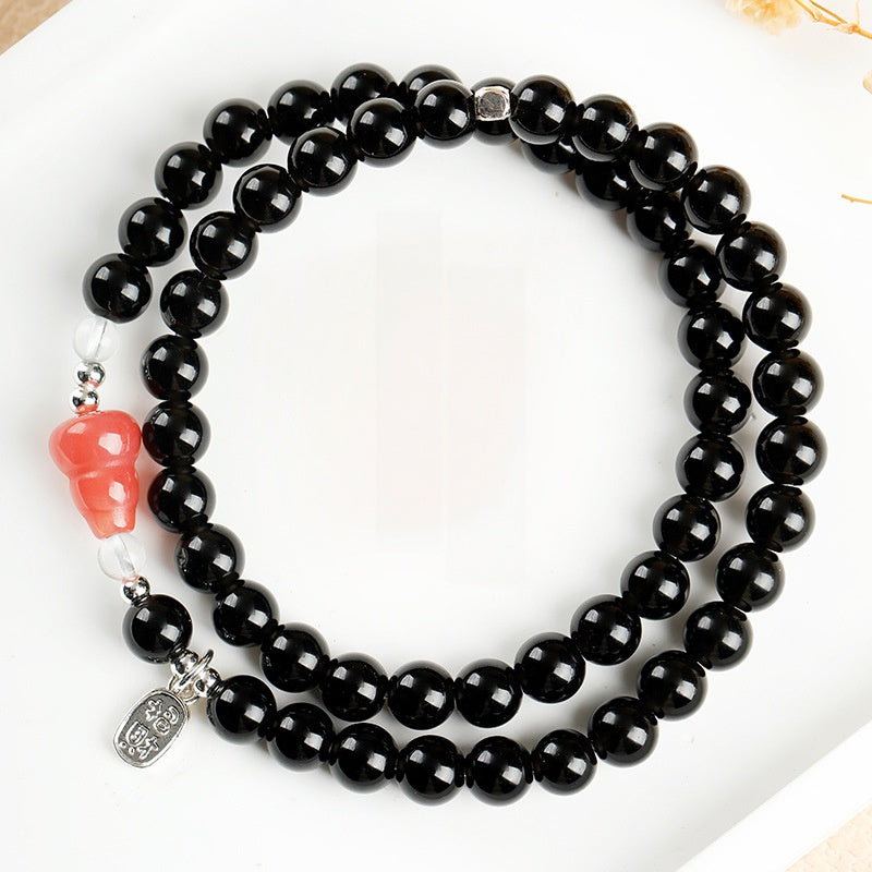 Pink Agate Gourd Obsidian Double-Wrap Bracelet-Calm Intention