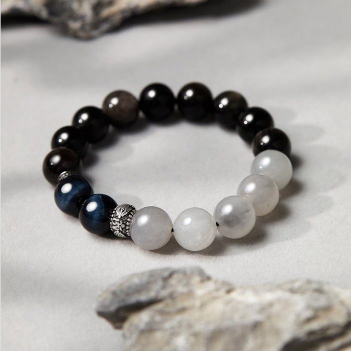 Peace and Joy-Six-Syllable Mantra Silver Sheen Obsidian & Blue Tiger's Eye Bracelet